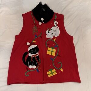 Vintage Sophia Jayne Red Christmas Sweater Vest Womens XL Cat Zip Up Light Boxes